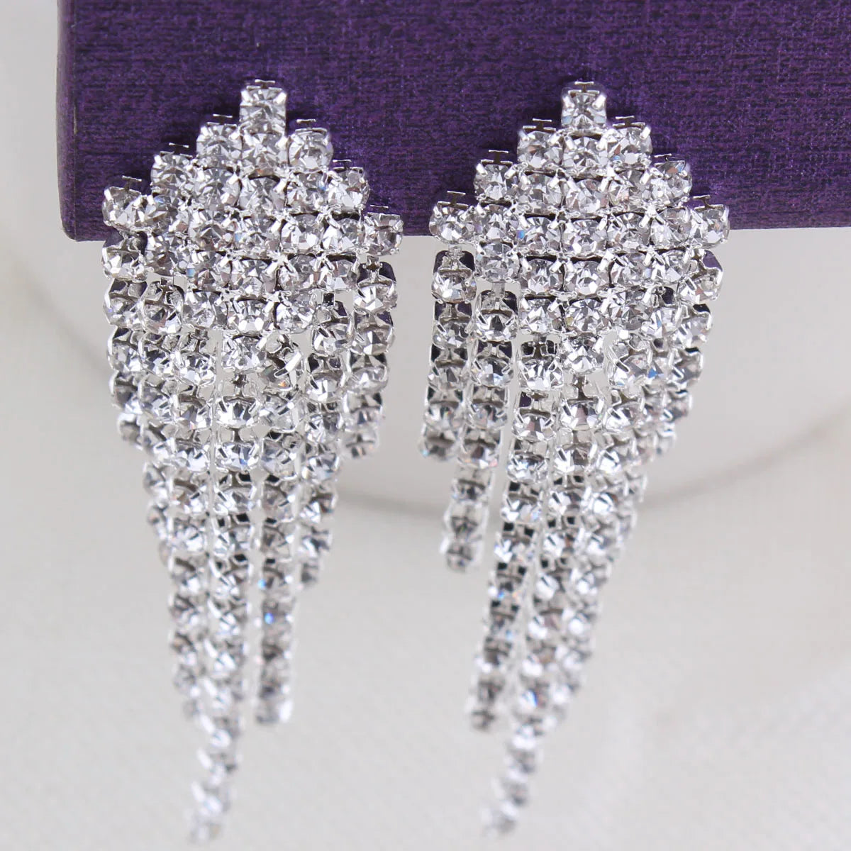 Bridal Silver Plated Crystal Rhinestone Long Tassel Clip on Earring for Women Party Fine Jewelry No Hole Earrings