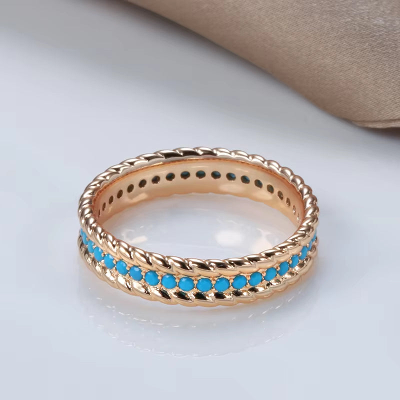 New 585 Rose Gold Full Circle Ring Luxury Stackable Turquoise Finger Ring for Women Fine Daily Vintage Jewelry