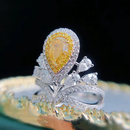 Elegant Crown Yellow Lab Diamond Water Drop Women'S Ring Silver Princess Adjustable Size Finger Ring Brand Jewelry