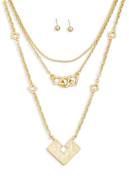 Square Shape Pendant Layered Chain Necklace & Ball Earrings Set