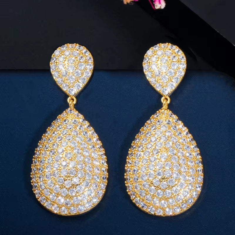 Classic Long Big Water Drop Indian Gold Color Luxury Micro Pave CZ Earrings Dubai Bridal Wedding Jewelry CZ652