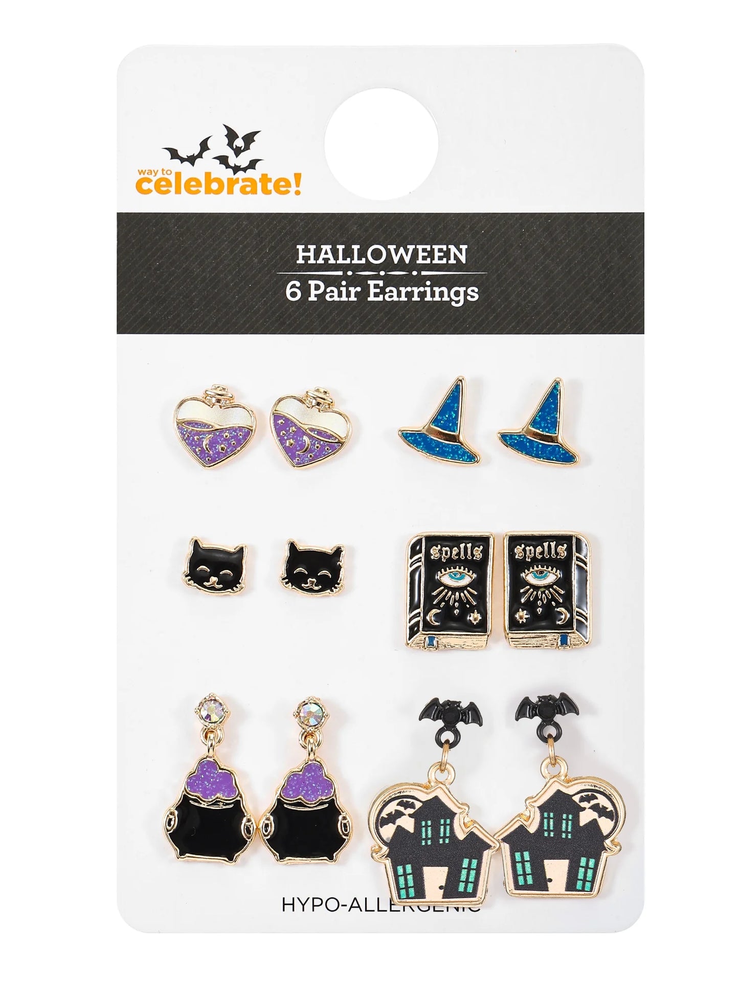 Halloween Motif Earrings, Multicolored, Goldtone, 6 Pairs, Female