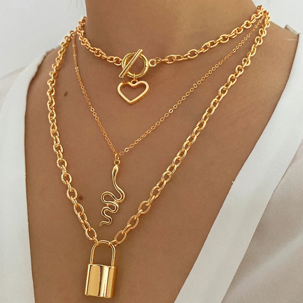 Boho Choker Vintage Lock Coin Pendant Necklaces Trendy Long Chain Femme Multilayer Necklace for Women