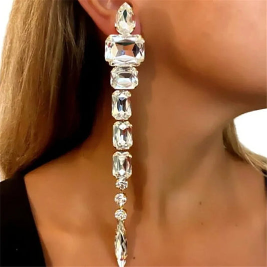 Handmade Big Rhinestone Long Tassel Square Pendant Drop Earrings for Women Crystal Geometric Dangle Earrings Jewelry Accessories