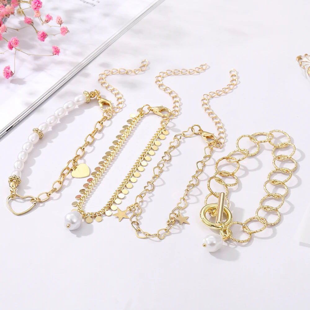 Bohemian Bracelets for Women Metal Gold Color Pearl Bracelet Heart Bracelets Set Pack Luxury Fashion Jewelry Accessories