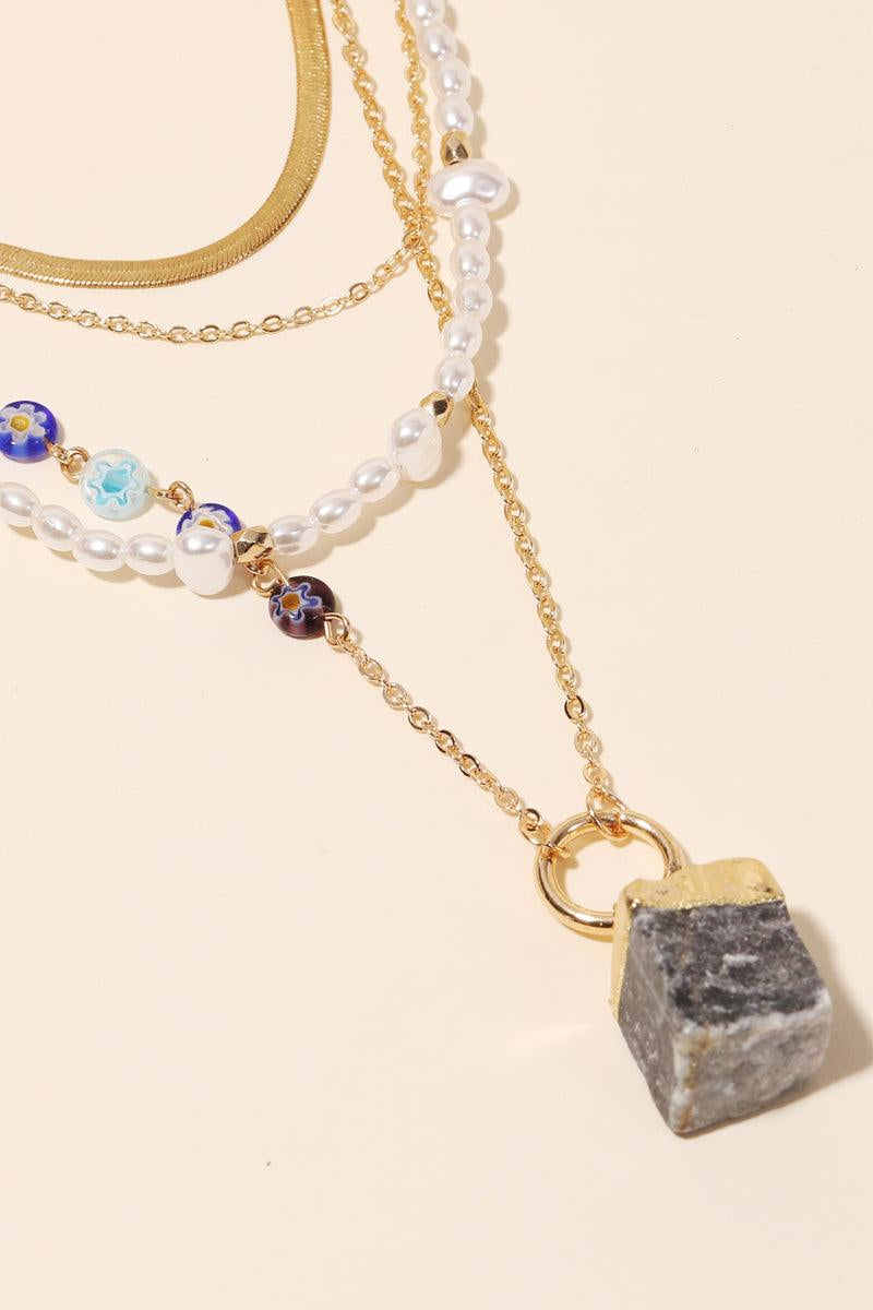 Cube Stone Pendant Layered Chain Pearl Necklace