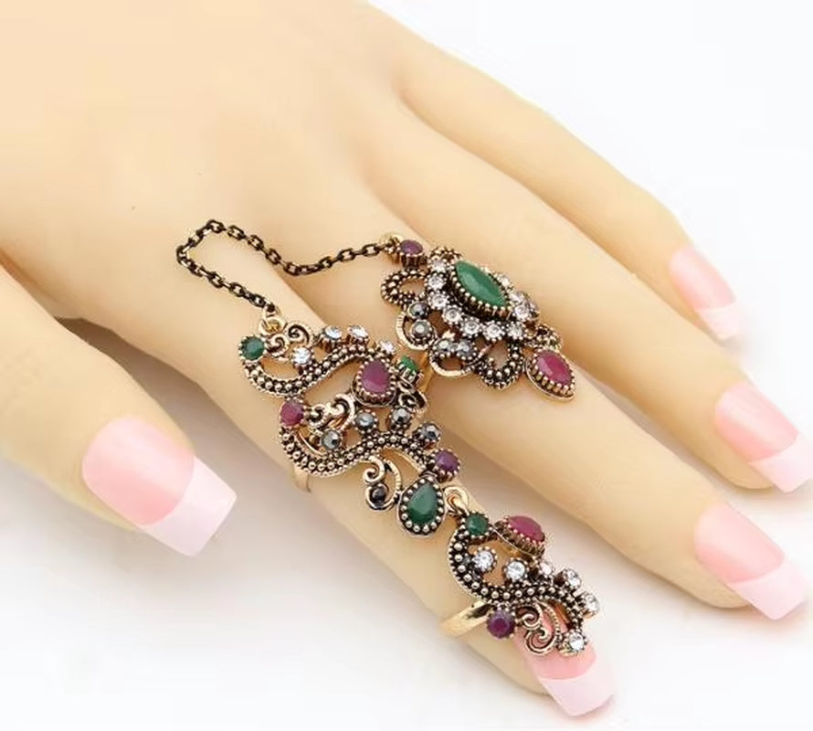 Sunspicems Vintage Turkish Double Finger Ring for Women Indian Flower Link Ring Bohemia Bride Wedding Jewelry Party Gift