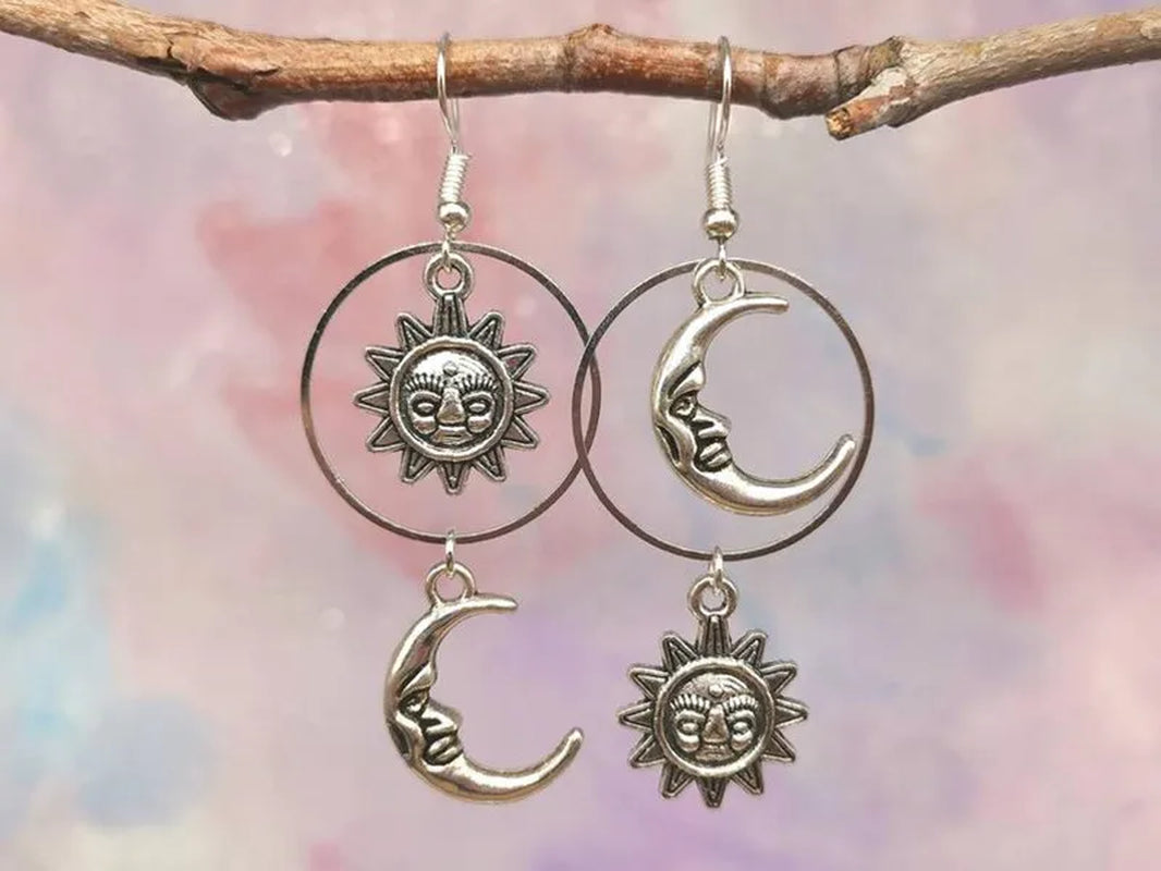 Gothic Sun and Moon Dangly Earrings, Witchy Dangle Earrings, Asymmetry Mismatched Earrings, Witch Pagan Celestial Jewellery