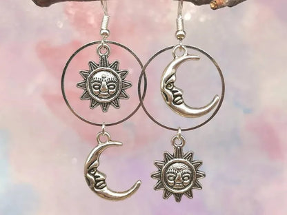 Gothic Sun and Moon Dangly Earrings, Witchy Dangle Earrings, Asymmetry Mismatched Earrings, Witch Pagan Celestial Jewellery