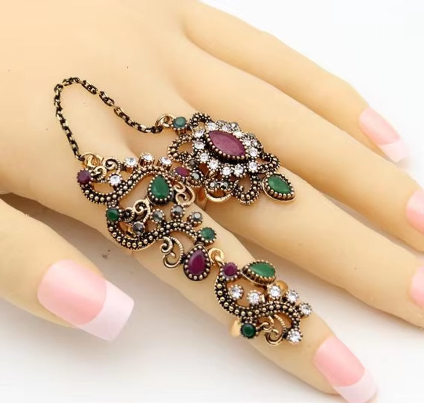 Sunspicems Vintage Turkish Double Finger Ring for Women Indian Flower Link Ring Bohemia Bride Wedding Jewelry Party Gift