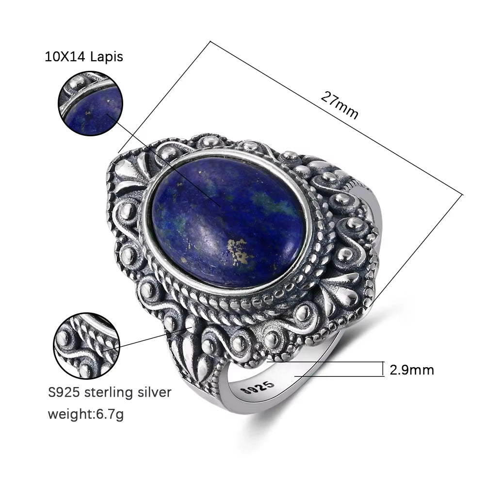 925 Sterling Silver Ring Vintage Oval Natural Lapis Rings for Women Finger Ring Jewelry Trendy Luxury Rings Party Gift