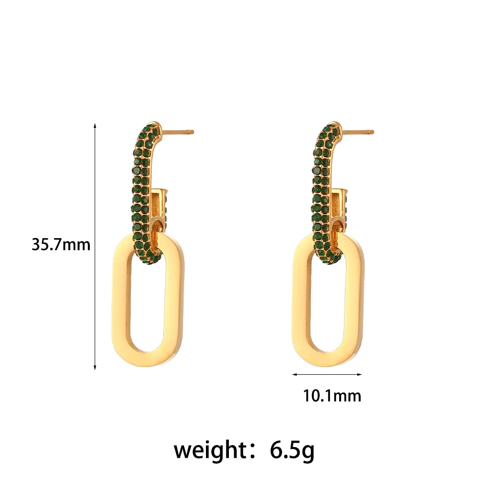 Paper Clip Link Earring Waterproof Fine Polished Stainless Steel Chain Earring Crystal Green Pink Zircon Long Earring