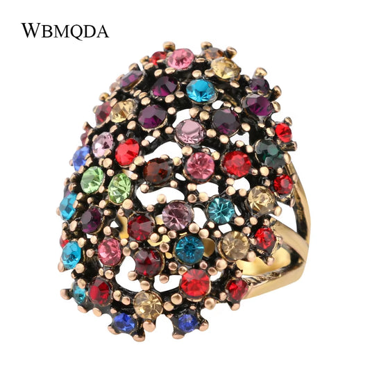 Hot Vintage Bohemian Statement Jewelry Fashion Big Colored Crystal Ring Gold Love Engagement Wedding Rings for Women Accessories