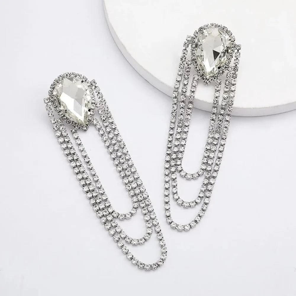 Shiny Rhinestone Water Drop Tassel Chain Earrings Party Jewelry for Women Luxury Crystal Multi-Layers Long Dangle Earrings Gift