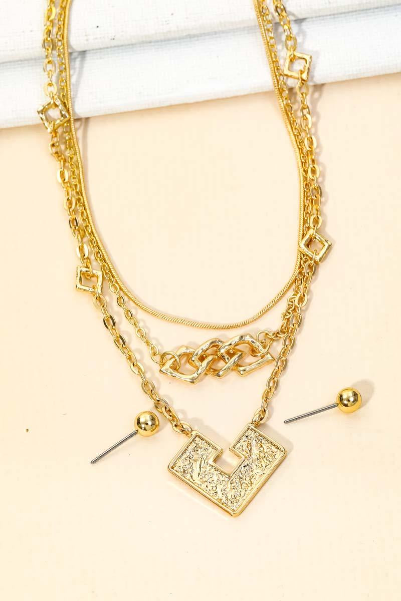 Square Shape Pendant Layered Chain Necklace & Ball Earrings Set