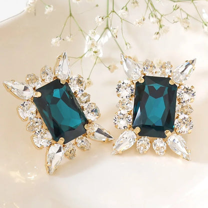 Vintage Big Green Square Rhinestone Geometric Stud Earrings Wedding Jewelry for Women Crystal Bridal Banquet Drop Earrings Gift