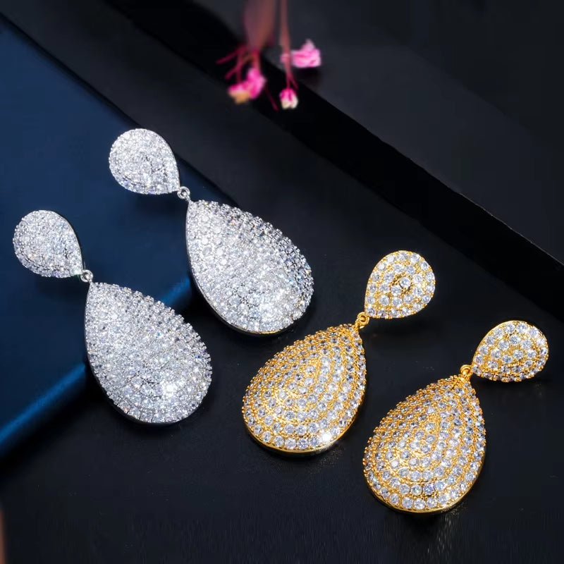 Classic Long Big Water Drop Indian Gold Color Luxury Micro Pave CZ Earrings Dubai Bridal Wedding Jewelry CZ652