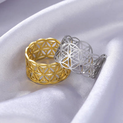 Openwork Flower of Life Open Ring for Women Fashion Stainless Steel Adjustable Finger Ring 2022 New Trend Jewelry