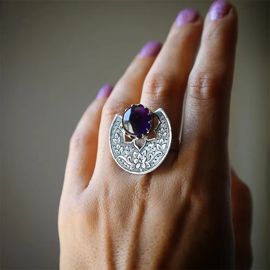 1PCS Vintage Antique Color Finger Ring Purple Crystal Stone Carve Ring for Women Men Bohemian Geometric Jewelry Anillos