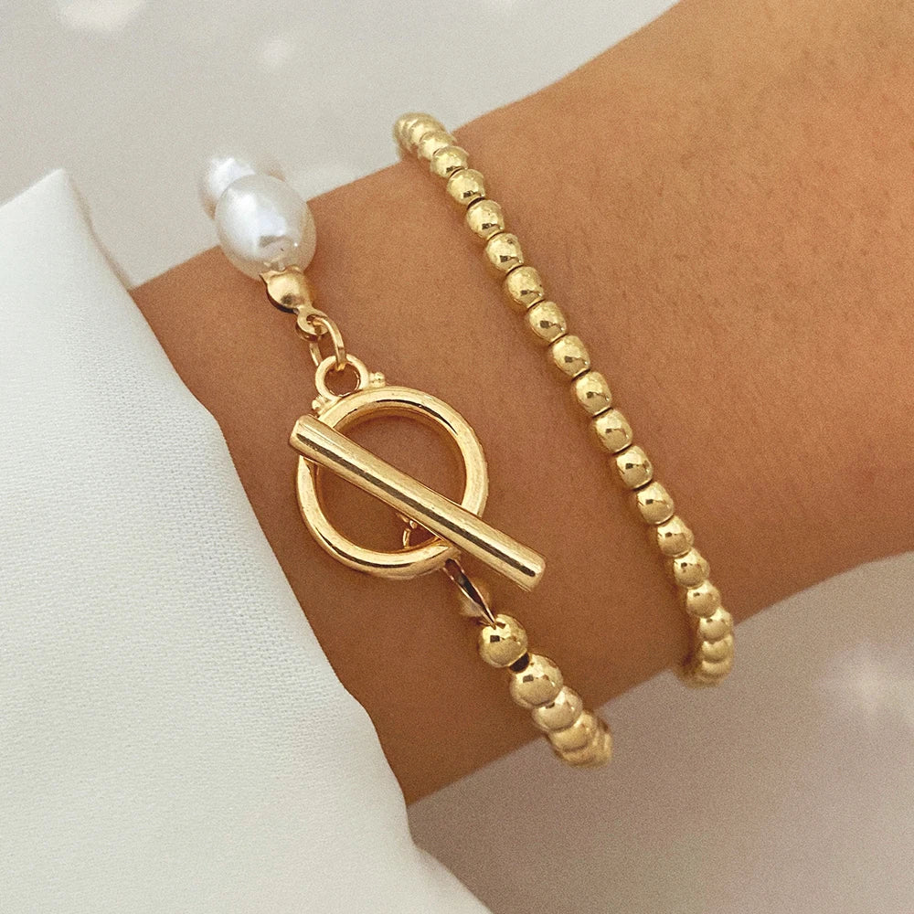 Bohemian Bracelets for Women Metal Gold Color Pearl Bracelet Heart Bracelets Set Pack Luxury Fashion Jewelry Accessories