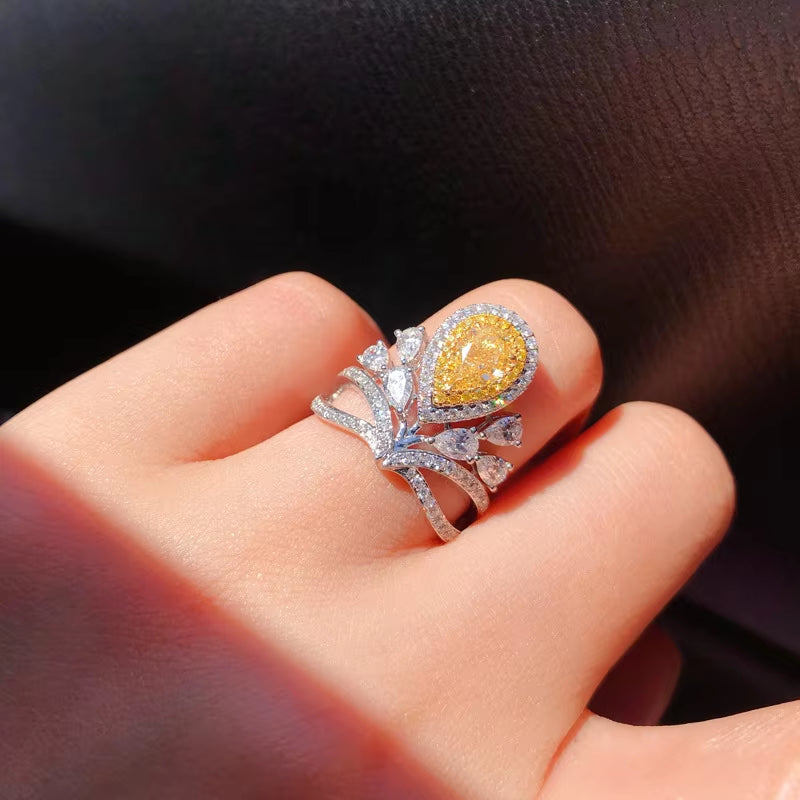 Elegant Crown Yellow Lab Diamond Water Drop Women'S Ring Silver Princess Adjustable Size Finger Ring Brand Jewelry