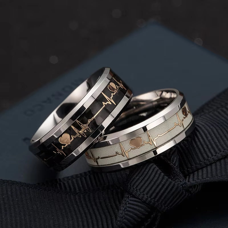 Women'S Rings Luminous Mood ECG Ring Temperament Men'S Ring Carbon Fiber Couple Wedding Rings Valentine'S Day Gift