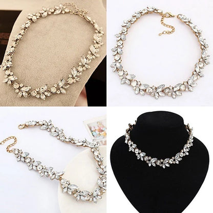 Women Vintage Charm Crystal Flower Pendant Statement Bib Choker Necklace