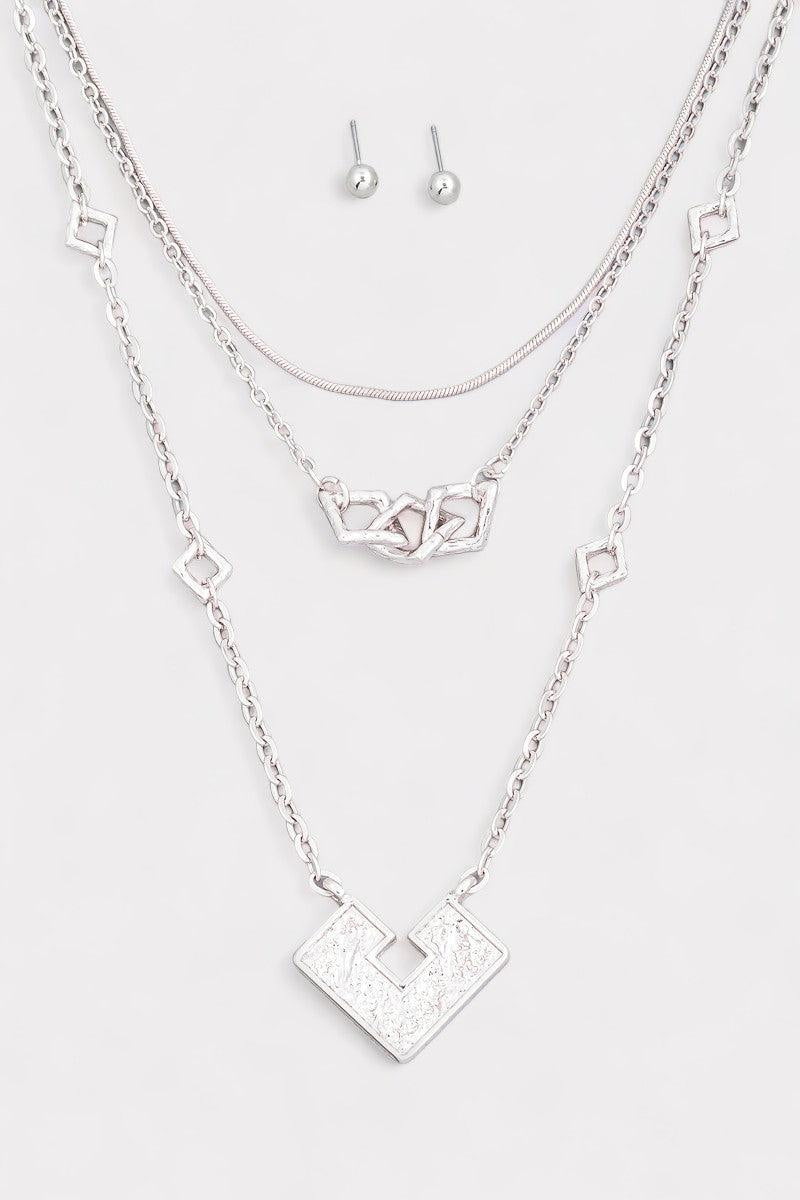 Square Shape Pendant Layered Chain Necklace & Ball Earrings Set