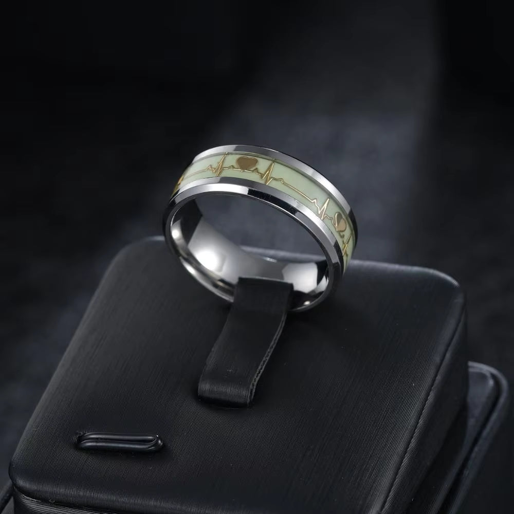 Women'S Rings Luminous Mood ECG Ring Temperament Men'S Ring Carbon Fiber Couple Wedding Rings Valentine'S Day Gift