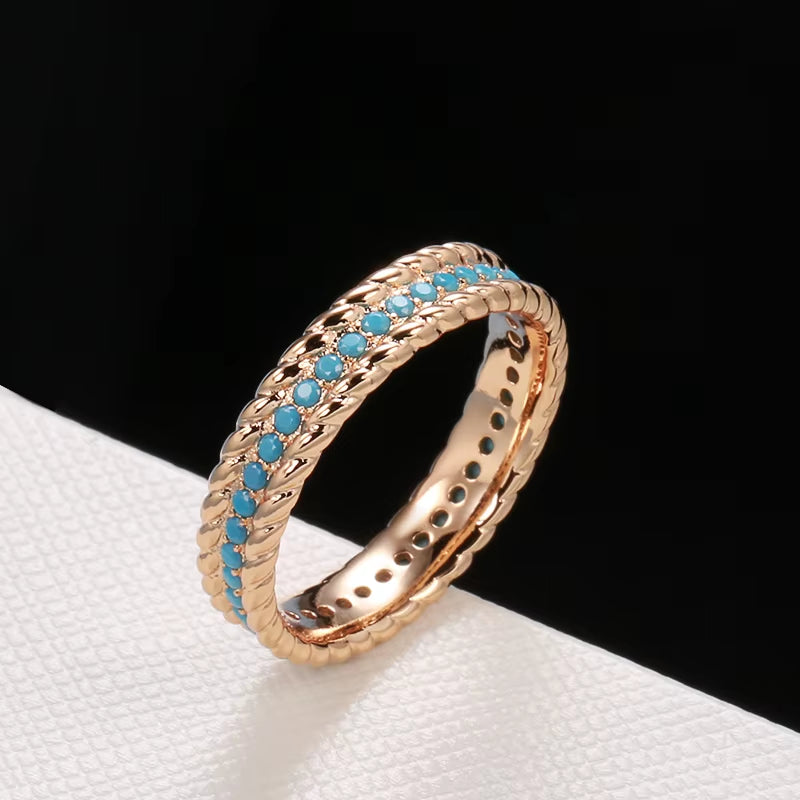 New 585 Rose Gold Full Circle Ring Luxury Stackable Turquoise Finger Ring for Women Fine Daily Vintage Jewelry