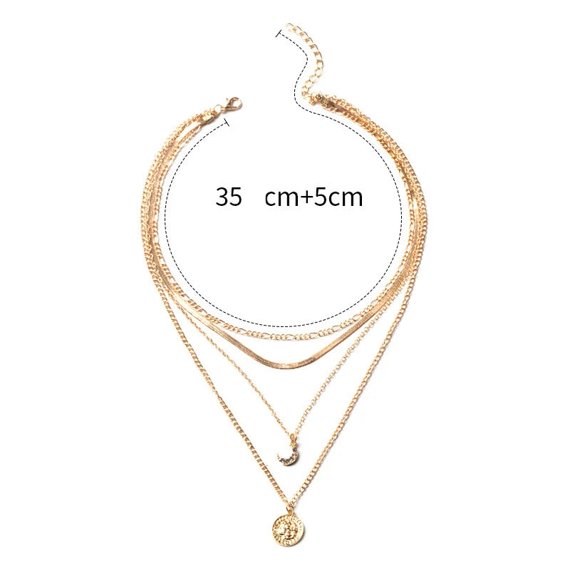 Multilayer Boho Jewelry Crystal Moon Pendant Necklace Golden Color Unquie Women Fashion Long Chain Necklaces Wholesale X0123