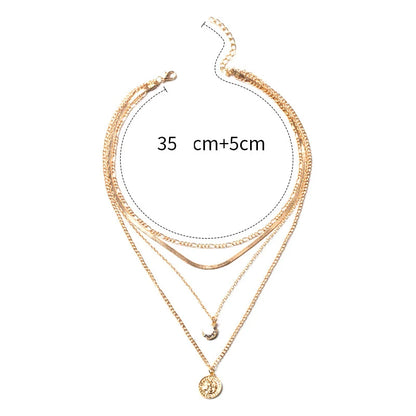 Multilayer Boho Jewelry Crystal Moon Pendant Necklace Golden Color Unquie Women Fashion Long Chain Necklaces Wholesale X0123