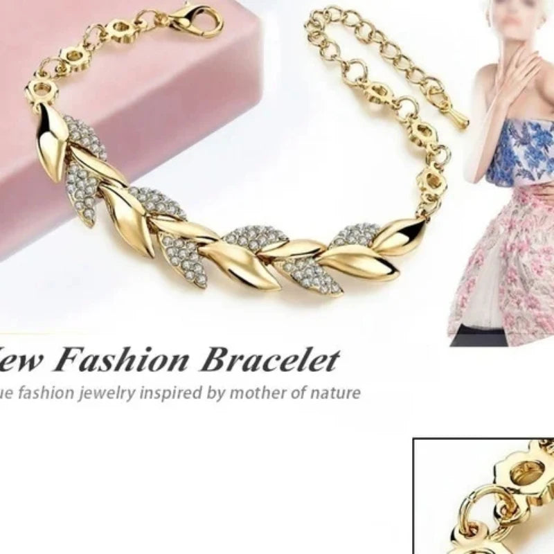 Delysia King Women Inlaid Crystal Golden Leaf Bracelet Trendy Bride Wedding Jewelry