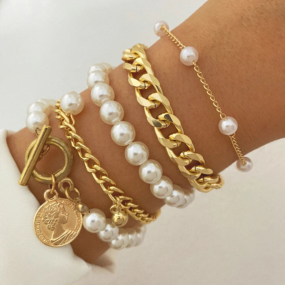 Bohemian Bracelets for Women Metal Gold Color Pearl Bracelet Heart Bracelets Set Pack Luxury Fashion Jewelry Accessories