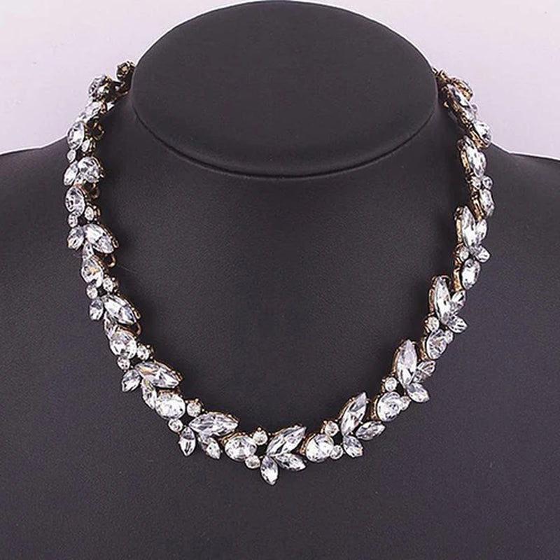 Women Vintage Charm Crystal Flower Pendant Statement Bib Choker Necklace