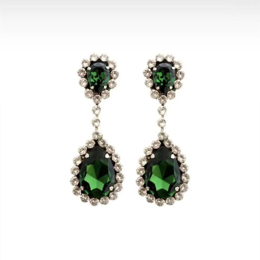 Vintage Rhinestone Green Water Drop Pendant Long Dangle Earrings Dinner Jewelry for Women Luxury Crystal Tassel Drop Earrings