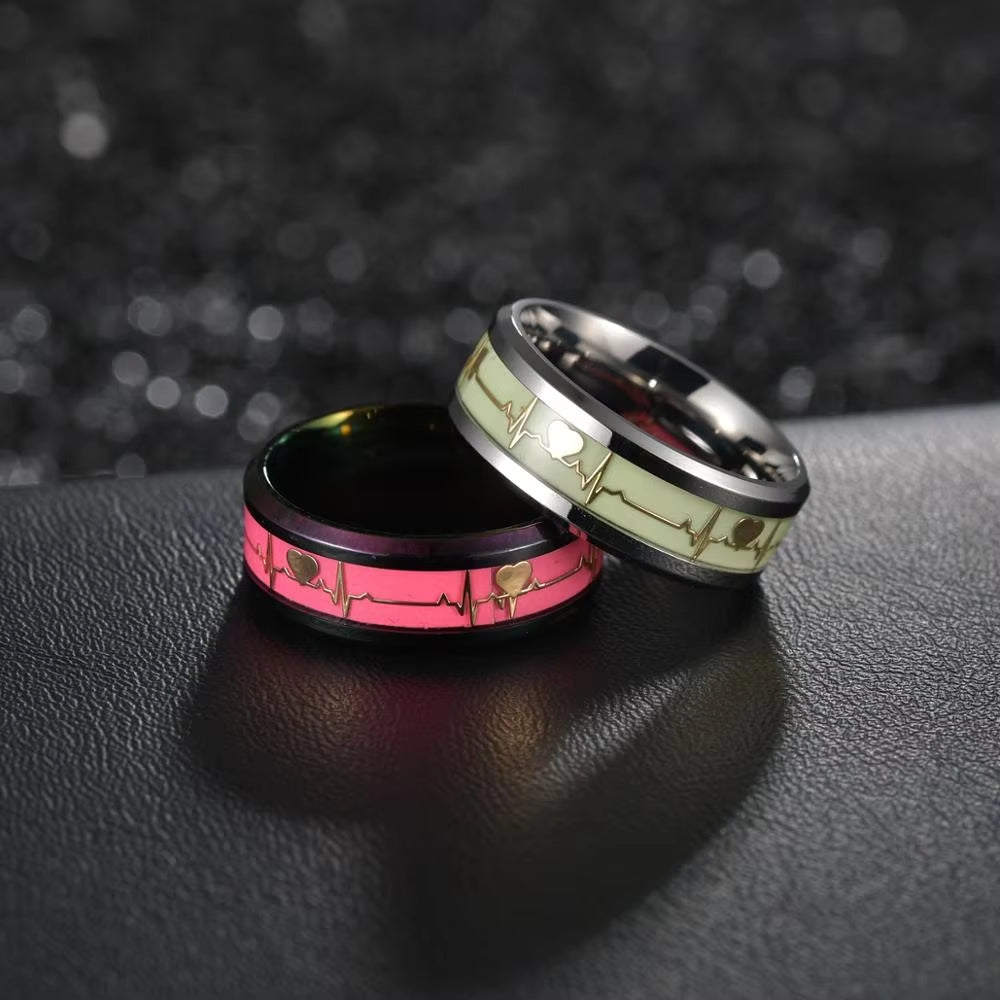 Women'S Rings Luminous Mood ECG Ring Temperament Men'S Ring Carbon Fiber Couple Wedding Rings Valentine'S Day Gift