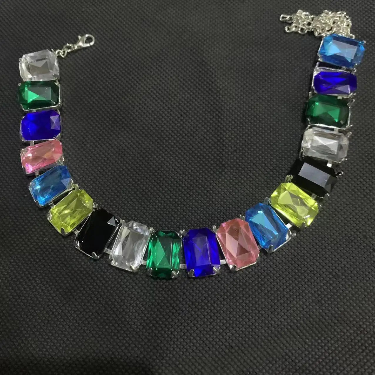 INS Handmade 6 Colors Glass Crystal Necklace Statement Pendant Collar Necklace for Women Rhinestone Large Square Choker Necklace