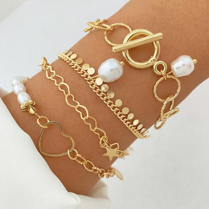 Bohemian Bracelets for Women Metal Gold Color Pearl Bracelet Heart Bracelets Set Pack Luxury Fashion Jewelry Accessories