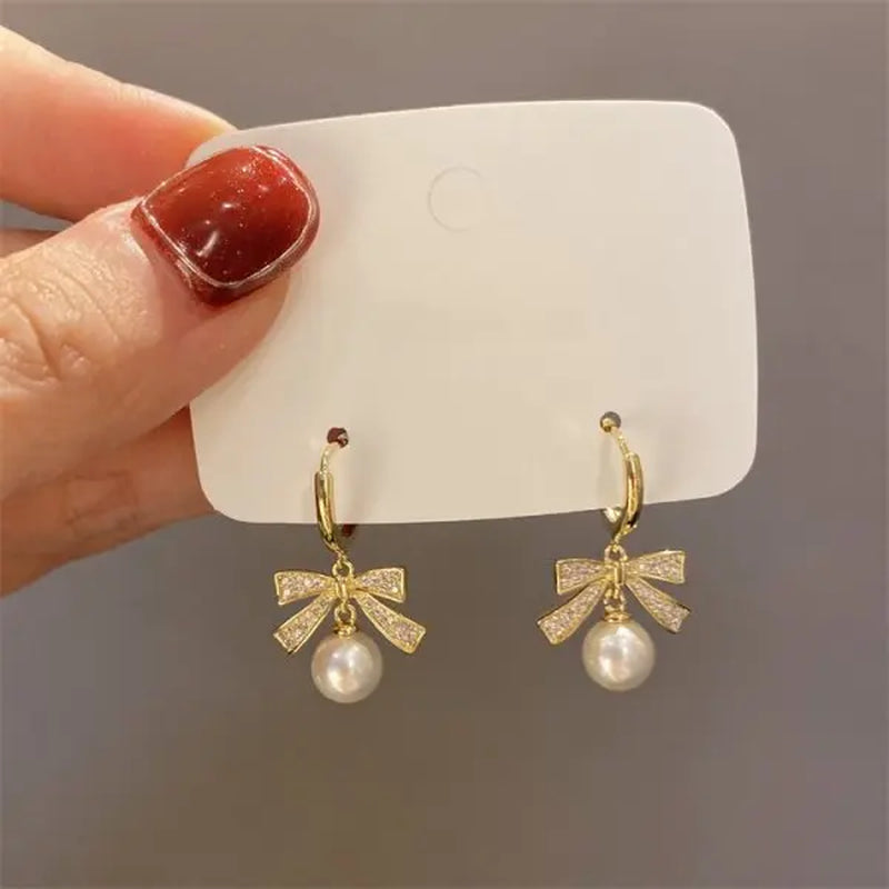 Korean Elegant Bow Imitation Pearl Earring Rhinestone Shiny Earring for Women Fashion Jewelry Bride Party Wedding Friends Gifts