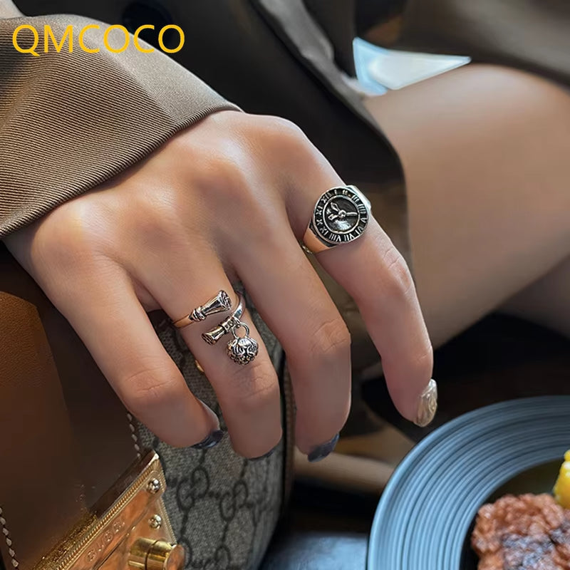 Silver Color Fashion Personality Retro Geometric Pendant Ring Woman Creative Clock Trend Index Finger Ring Punk Jewelry