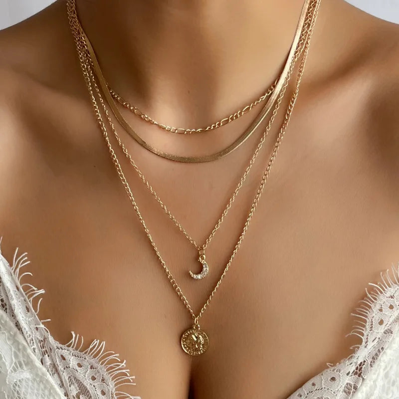 Multilayer Boho Jewelry Crystal Moon Pendant Necklace Golden Color Unquie Women Fashion Long Chain Necklaces Wholesale X0123