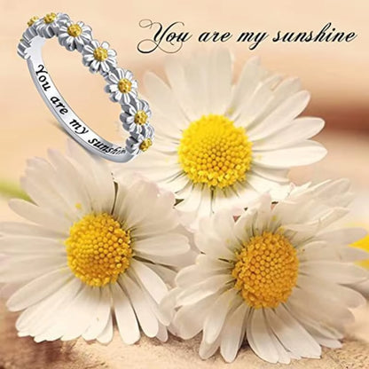 Cute Daisy Ring White Flower Rings Temperament Wedding Ring You Are My Sunshine Letter Finger Ring Gift for Women Girls