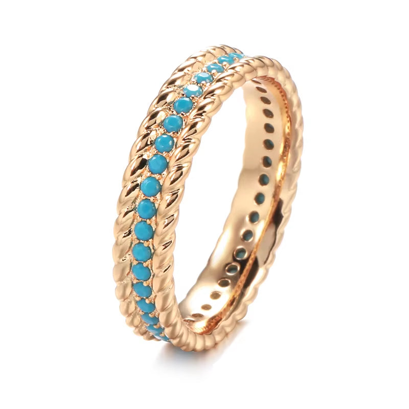 New 585 Rose Gold Full Circle Ring Luxury Stackable Turquoise Finger Ring for Women Fine Daily Vintage Jewelry