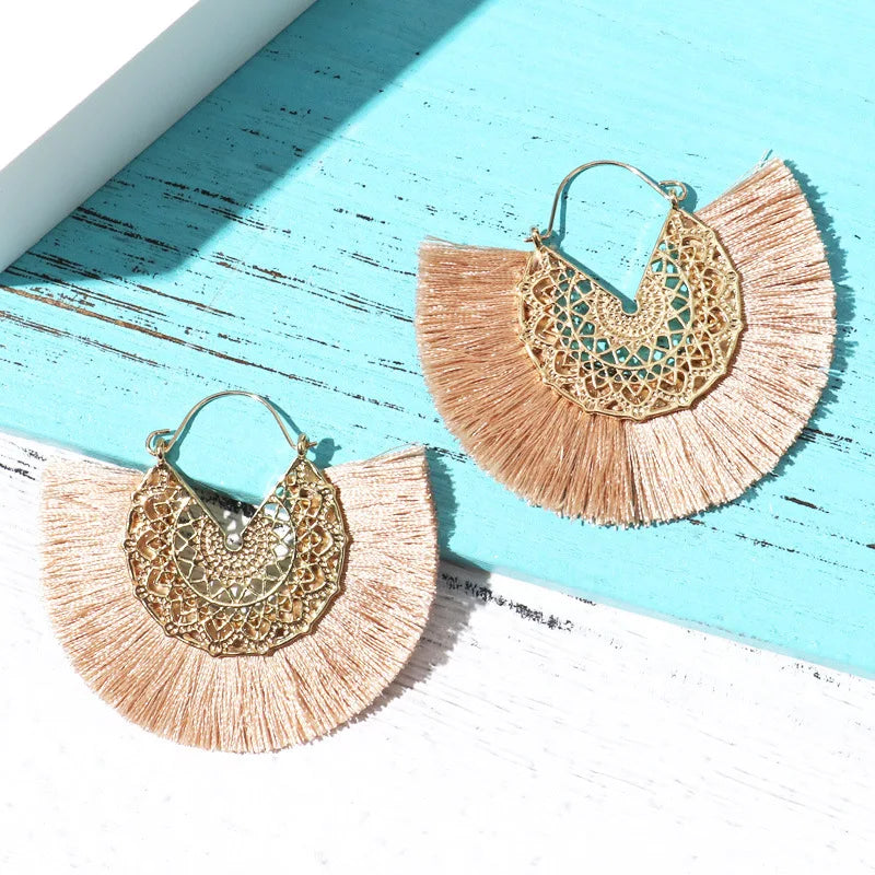 Bohemian Fan Shaped Tassel Earrings for Women Lady Female Fringe Handmade Dangle Earring Vintage Dangle Drop Earrings Jewelry