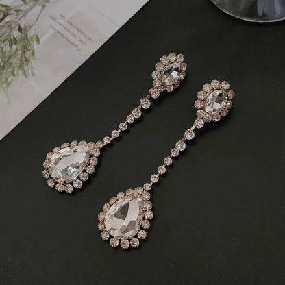 Vintage Rhinestone Green Water Drop Pendant Long Dangle Earrings Dinner Jewelry for Women Luxury Crystal Tassel Drop Earrings