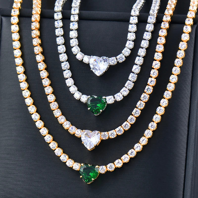 Romantic Necklace for Women Green White Heart Crystal Chain Wedding Accessories Female Chocker Jewelry