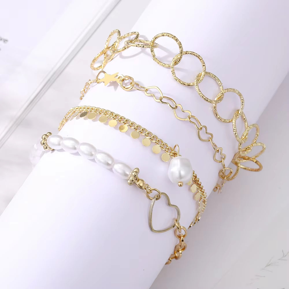 Bohemian Bracelets for Women Metal Gold Color Pearl Bracelet Heart Bracelets Set Pack Luxury Fashion Jewelry Accessories