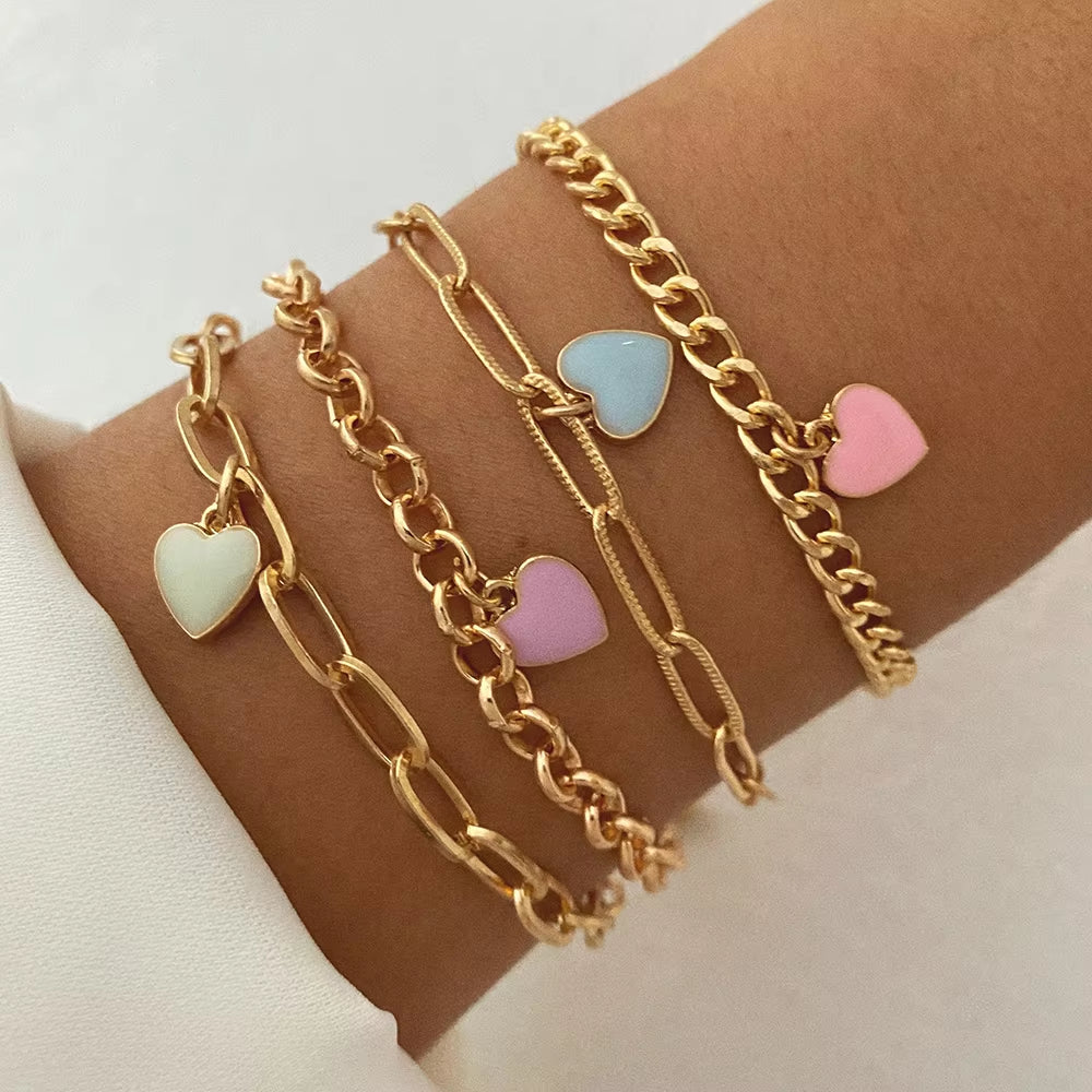 Bohemian Bracelets for Women Metal Gold Color Pearl Bracelet Heart Bracelets Set Pack Luxury Fashion Jewelry Accessories