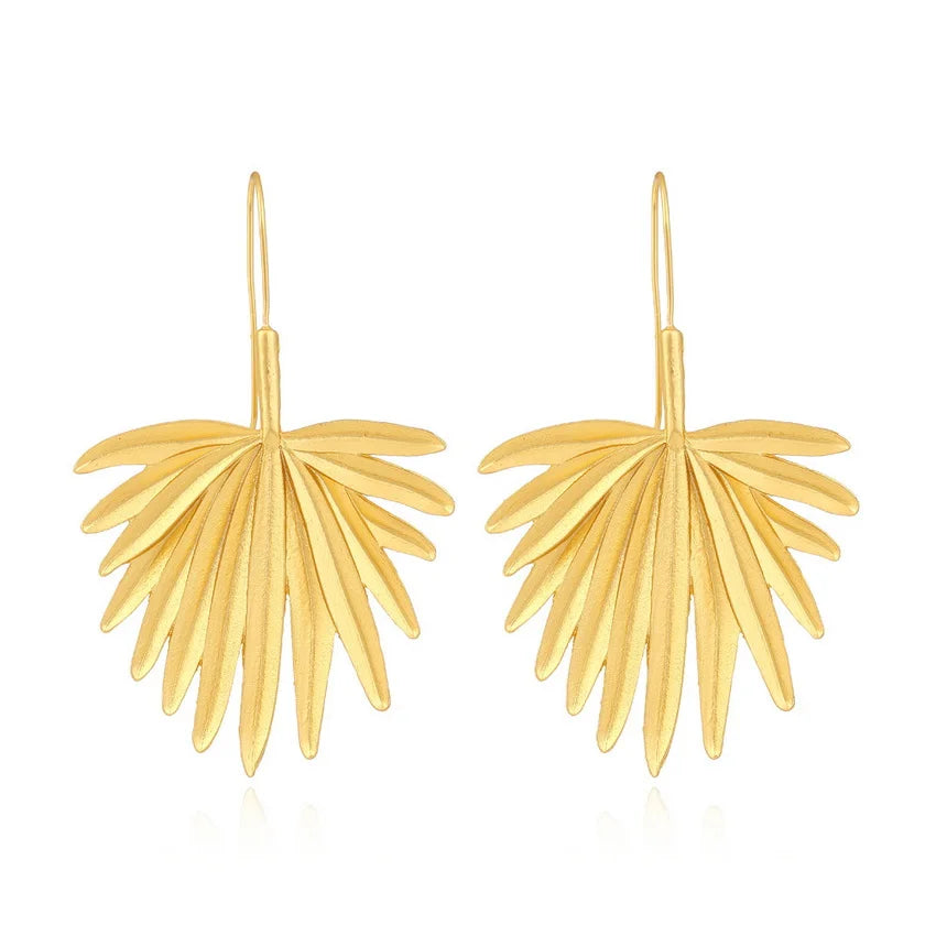 Gold Color Scalloped Alloy Feather Earrings Nature Inspired Floral Leaves Earrings Tropical Unique Women Fashion Jewelry